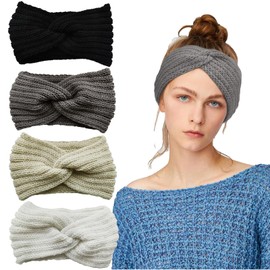 4 Stück Stirnband Damen Winter, Strickbänder in Weiß, Beige, Grau und Schwarz, Weiches Stirnband für Frauen und Mädchen, Vielseitiges Accessoire für Sport und Freizeit