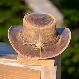 Men's Real Leather Cowboy Hats Australian Western Style Crazy Vintage Tan Outback Antique Hat with Shapeable Wide Brim