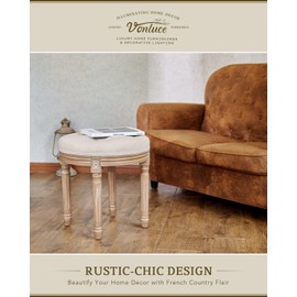 Vonluce Vintage Round Brushed Wood Stool with Diamond Tufting, 18-Inch, Beige