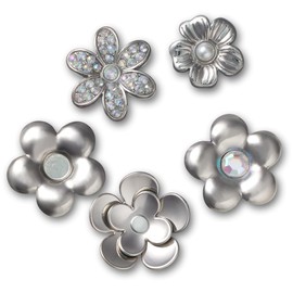 Crocs Jibbitz Elevated Metal and Jewel Shoe Charms, Monochrome Silver Flowers, 5 Pack