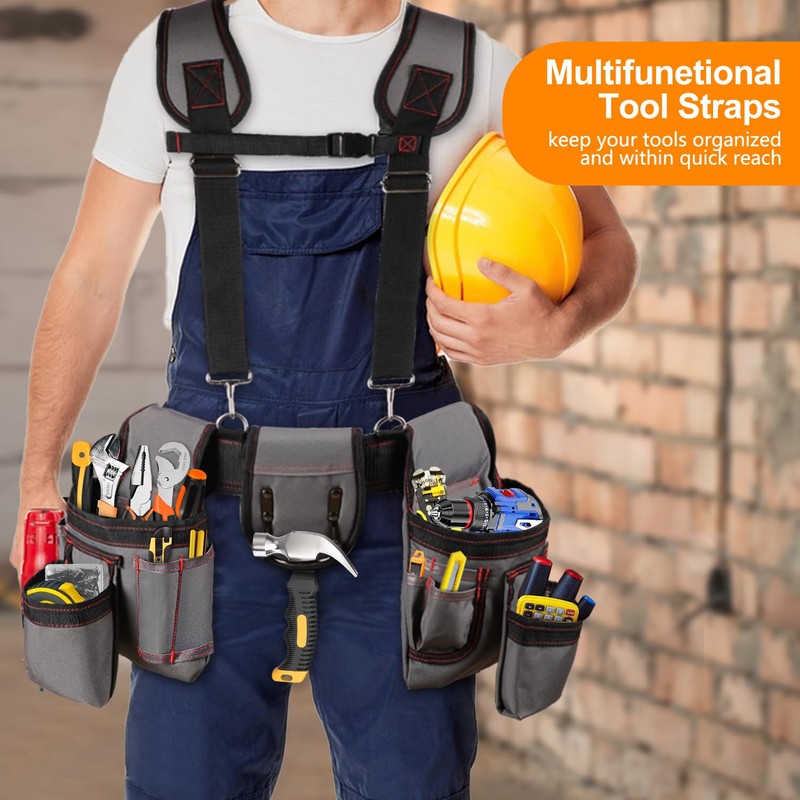 Tool Belt With Suspenders, 22 Pockets Tool Bags, Multi-Functional Adjustable