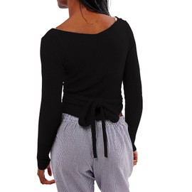 OFSOAK Women's 100% Wool Tie Front Tops Crop Solid Long Sleeve Solid V-Neck Lightweight Crochet Cardigan Crop Top Black
