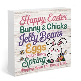 Happy Easter Decorations for Home Spring Easter Decorations Bunny Chicks Jelly Beans Eggs Sign for Room Indoor Badroom Bathroom Office Desk Decor Happing Down The Bunny Trail Sign 5 X 5 Inch