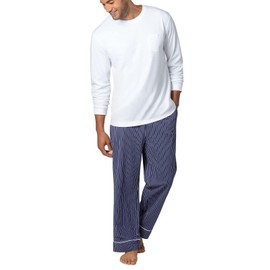 PajamaGram Men Pajamas Sets - Cozy 100% Cotton Pajamas for Men, 100% Cotton Pajamas for Men, Long Sleeve Pajama Set for Men - Pijamas Para Hombres, Navy Stripe, LG