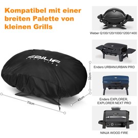 Ezilif Grill Cover for Weber Q100/Q1000/Q120/Q1200/Q1400, Grill Cover 600D Oxford Fabric Table Gas Grill Cover Weatherproof for Enders URBAN, Explorer, Grill Hood Electric Grill 70 x 45 x 32 cm