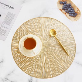 Utalek Round Placemats for Dining Table Set of 4, Hollow Out Easy to Clean Table Mats Heat Resistant Wipeable Washable Non-Slip Placemats for Dining Kitchen Table Decorations Wedding (Golden)