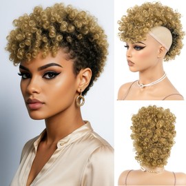Rafabcici Mohawk Wig for Black Women – Short Kinky Curly Afro Puff Wig, Synthetic Fluffy Ponytail Hairpiece with Adjustable Straps for Daily Wear, Party, Cosplay(T1B/27 Dark root honey brown ombre)