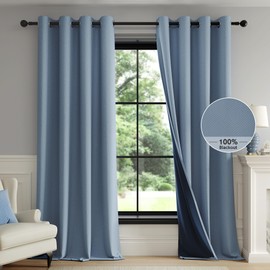 FMFUNCTEX 100% Blackout Curtains for Bedroom, Slate Blue Curtains 84 Inches Long Linen Textured Thermal Insulated Curtains for Living Room, Black Out Drapery Grommet Room Darkening 2 Panels