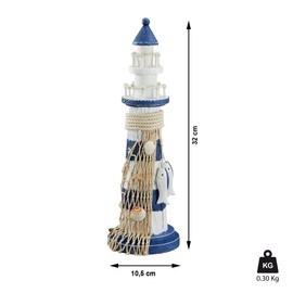 Cepewa Wooden Lighthouse, Height 33 cm, Blue and White, with Fish and Net, Decoration in Maritime Design