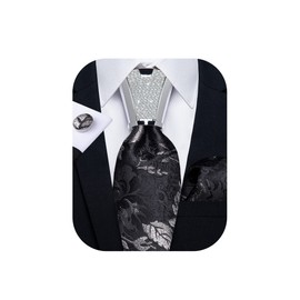 DiBanGu Tie Set for Men Silk Black Silver Necktie and Handkerchief Set with Cufflinks Tie Accessories Floral Woven Tie Tuxedo or Suit