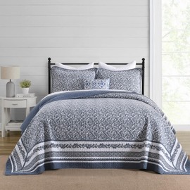DDUOXIN Oversized Queen Bedspread - 102" W x120 L Extra Wide - 100% Cotton California Quilt with 2 Pillow Shams, Botanical Reversible Lightweight Coverlet Bedding Set, Blue/White