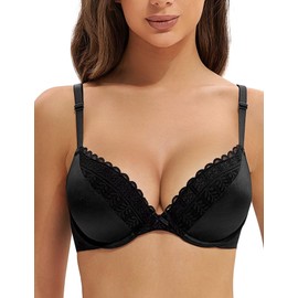 Deyllo Women's Lace Beauty Back Push Up Bra Padded Plunge Underwire for T-Shirts Comfortable Lift Add One Cup for Everyday Wear(Black,38A)