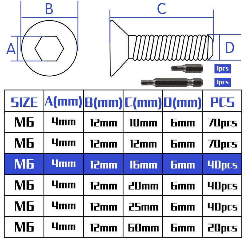 Countersunk Screws Stainless Steel M6 x 16 mm Hexagon Socket