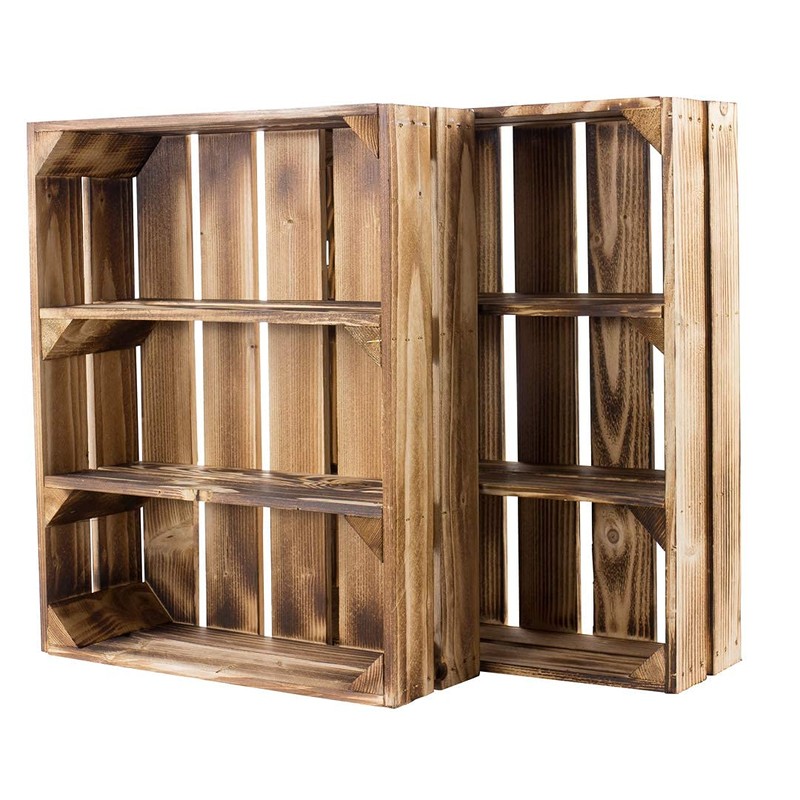 Set of 2 Shallow, Flamed Box Shelves with 3 Compartments