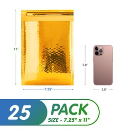Amiff Gold Metallic Bubble Mailers, 7.25 x 11 Inches. 25 Pack Metallic Padded Bubble Mailers. Waterproof Padded Envelopes Metallic. Bright Foil Shipping Envelopes for Fragile Things