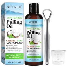 Coconut Oil Pulling for Teeth, Oil Pulling Mouthwash with Tongue Scraper, All-Natural Alcohol Free Mouthwash, Helps with Fresh Breath, Teeth Whitening and Gum Health, Coconut Mint Flavor (8 Fl Oz)