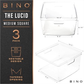 BINO | Plastic Storage Bins, Square - 3 Pack | THE LUCID COLLECTION | Multi-Use Bins | Built-In Handles | BPA-Free | Clear Containers | Fridge Organizer | Pantry & Home Organization
