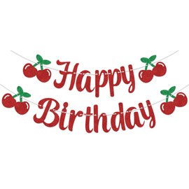 Fruit Cherry Happy Birthday Banner, Fruit Cherry Themed Party Decorations, Cherry Birthday Party Decor Sign, Cherry Sweet One Birthday Party Supplies Red & Green Double-Sided