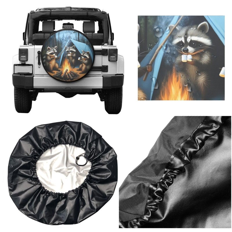 Raccoons Campfire Universal Spare Tire Cover,15 Inch,Cute Waterproof Polyester Wheel