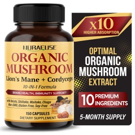 NURAFUSE Organic Mushroom 10-in-1 Formula - with Lion's Mane, Cordyceps Reishi, Shiitake, Maitake, Chaga, Non-GMO, Gluten-Free, Soy-Free (150 Count (Pack of 1))