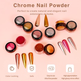 Jukcoi Chrome Nail Powder, 8 Colors Chrome Nail Powders (6 Colors Mirror Powder + 2 Colors Chameleon Powder) Pearl Effect Aurora Chrome Powder Set Manicure Pigment (3 Holographic+5 Chrome Powder)