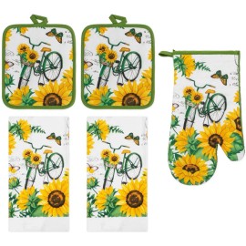 Premius 5pc Kitchen Set: 2 Pot Holders,1 Oven Mitt & 2 Towels, SUNFLOWERS & BIKE,Premius