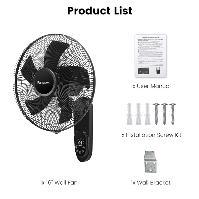 Fanspex 16" Wall Mounted Fan with Auto-oscillation, Timer, Adjust Wind
