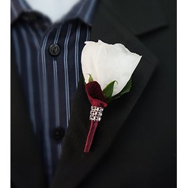 Angel Isabella Boutonniere - White Rose with Burgundy Rose Petal, Burgundy Ribbon Stem