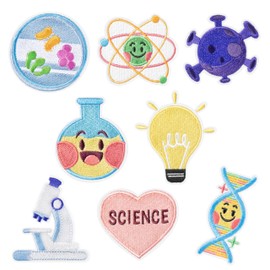 8Pcs Science Iron on Patches Cute Cartoon Physics Biology Chemistry Laboratory Sew on Repair Embroidered Applique Scientist Experiment Atom DNA Virus DIY Craft Gifts for Lab Coat Clothes Backpack Hat