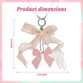 Cute Pink Bow Car Accessories Rear View Mirror, Pearl Aesthetic Rearview Mirror Hanging Charm with Paper Pendant Scented for Car Interior Accessories