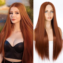 PORSMEER Copper Red Wig Long Straight Straight Wigs for Women/Girls/Afro Natural Synthetic Hair Middle Part Lace Hairline Wig Party/Costume Ginger Orange Wig (Auburn)