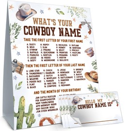 Cidobi Birthday Party Game Card for Boys, What's Your Cowboy Name Game Set, Cowboy Themed Party Games, 1 Cowboy Name Game Double Sided Sign, 30 Name Stickers, Fun Cowboy Games Card