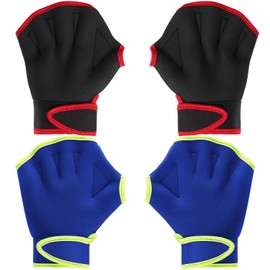 Sumind 2 Pairs Swimming Gloves Aquatic Training Gloves Neoprene Mittens Webbed Fitness Water Resistance Training Mittens for Men Women Swimming Diving with Wrist Strap(Medium,Blue/ Green, Black/ Red)