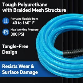 50FT 1/4 Inch Polyurethane Air Hose for Compressor - Flexible Heavy Duty Braided Pneumatic Hose with Quick Connect Fittings 300 PSI for Garage Shop Automotive Use