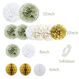 Paper Flower Sage Green Party Decorations Olive Green Gold Tissue Paper Pom Poms, Dots Paper Garland for Boho Neutral Safari Birthday Party, Green Party Accessories, Green Boho Wedding, Baby Shower