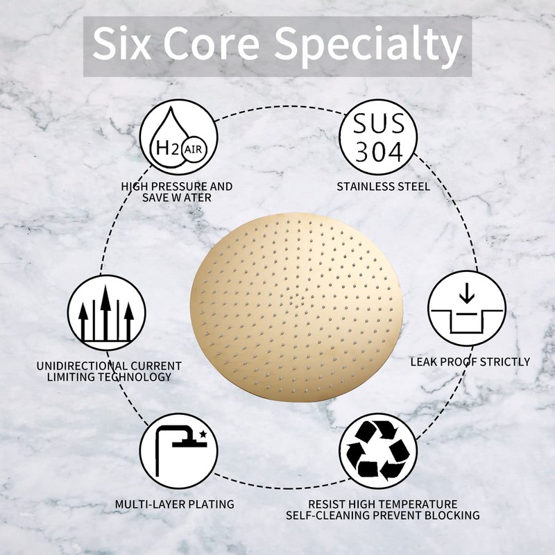 GGStudy High Pressure Round Brushed Gold Shower Head 16 Inches