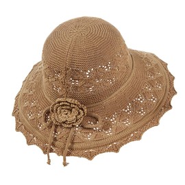 Womens Ruffled Flowers Summer Beach Hat Wide Brim Knitted Sun Hats Foldable Floppy Summer Cap for Travel Decoration Khaki