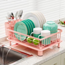BULIJUJU Small Dish Drying Rack, Space Saving Dish Racks for Kitchen Counter, Kitchen Organizer Dish Drainer with Cutlery Holder for Spoons and Forks, 11''W x 15''L, Pink