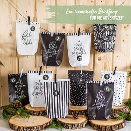 Papierdrachen Advent Calendar 2022 to Fill at Home – 24 Black and White Gift Bags and 24 Number Stickers and Clips – Holy Night Motif Black and White – for Crafts and Giving – Christmas