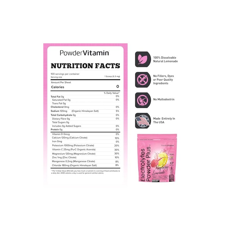 PowderVitamin Electrolitos en polvo Plus (100 porciones) Limonada de frambuesa