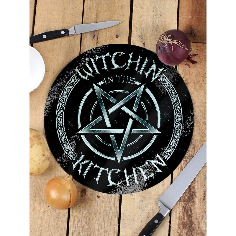 Witchin in The Kitchen Circular Black Glass Chopping Board