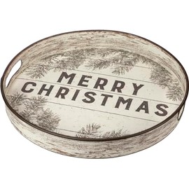 Primitives by Kathy Decorative Tray - Merry Christmas Sentiment on a Round Rustic Metal Holiday Tray Featuring slatted Wood Background Print Featuring Distressed Details & Cut Out Handles