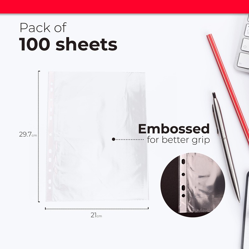 DIVCHI 100 Pcs A4 Clear Plastic Punched Punch Pockets for