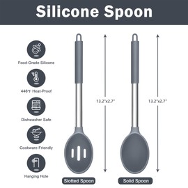 TeamFar Pack of 2 Large Silicone Cooking Spoons, Nonstick Solid and Slotted Stainless Steel Handle Spoon, Heat-Proof Kitchen Utensils for Mixing Serving, Nontoxic & Easy Clean, Grey