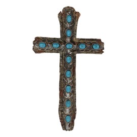 Ebros Gift 7" Tall Rustic Western Faux Distressed Wood Wall Cross With Turquoise Pebble Gems Crucifix 3D Art Hanging Plaque Country Decor Sculpture Christian Crosses