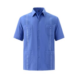 MAXJON Mens Short Sleeve Button-Down Guayabera Shirts for Men Cuban Embroidered Pleats Beach Shirts (Blue,3XL)