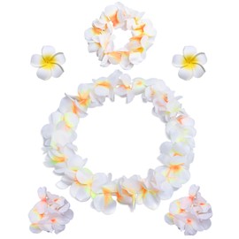 Hawaiian Leis Headband Wristbands Plumeria Hair Clips Tropical Luau Necklace Headpiece Bracelets Flower Barrettes Hair Bands Women Wedding Summer Beach Birthday Dress Up Party Decorations Supplies