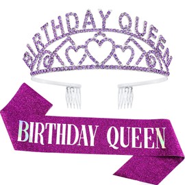 CAVETEE Purple Birthday Queen Rhinestone Tiara and Sash- Birthday Tiara and Sash Birthday Party Favors Glitter Birthday Decorations for Women