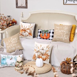 GEEORY Fall Pumpkins Grain Throw Pillow Covers 18x18 Inch Set of 4, There is Always Something to be Thankful for Thanksgiving Holiday Seasonal Decorative Farmhouse Cushion Cases for Home G641-18
