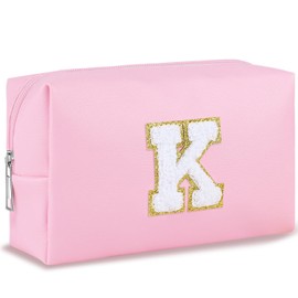 URSKYTOUS - Bolsa de maquillaje con inicial para mujer, bolsa de cosméticos grande, bonita bolsa de maquillaje rosa para cartera, bolsa de aseo con cierre, organizador de piel sintética, brochas de
